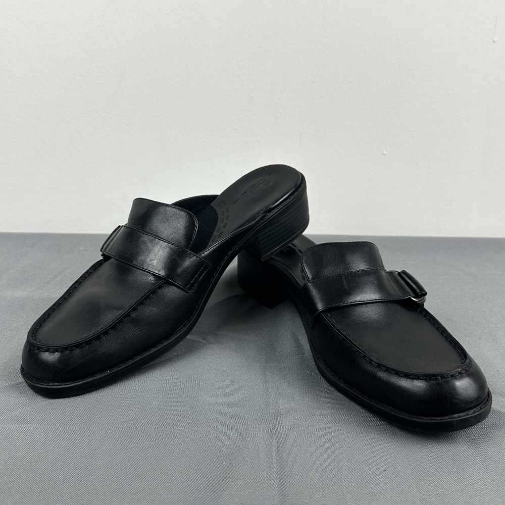 Clarks Black Leather‎ Clogs Mules Womens Size 9 M Slip On 72785 Buckle Low Heel